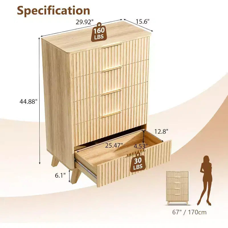 Karl Home 5-Drawer Natural Particle Board 30in. W Chest of Drawer