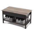 Adjustable with Crossbar, Black Side X-shaped Metal Frame, Rectangular, Gray Washboard Coffee Table