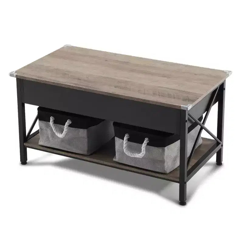Adjustable with Crossbar, Black Side X-shaped Metal Frame, Rectangular, Gray Washboard Coffee Table