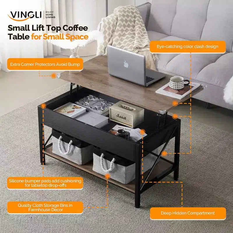 Table basse rectangulaire, gris délavé, avec barre transversale, structure latérale en métal noir en forme de X