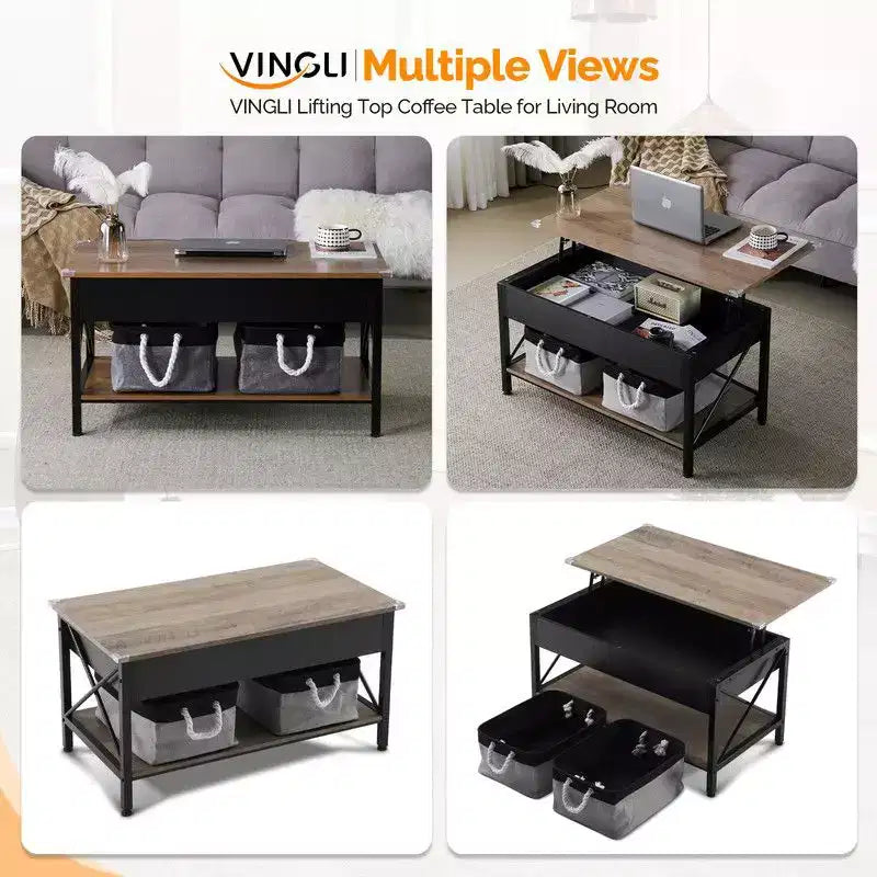Table basse rectangulaire, gris délavé, avec barre transversale, structure latérale en métal noir en forme de X
