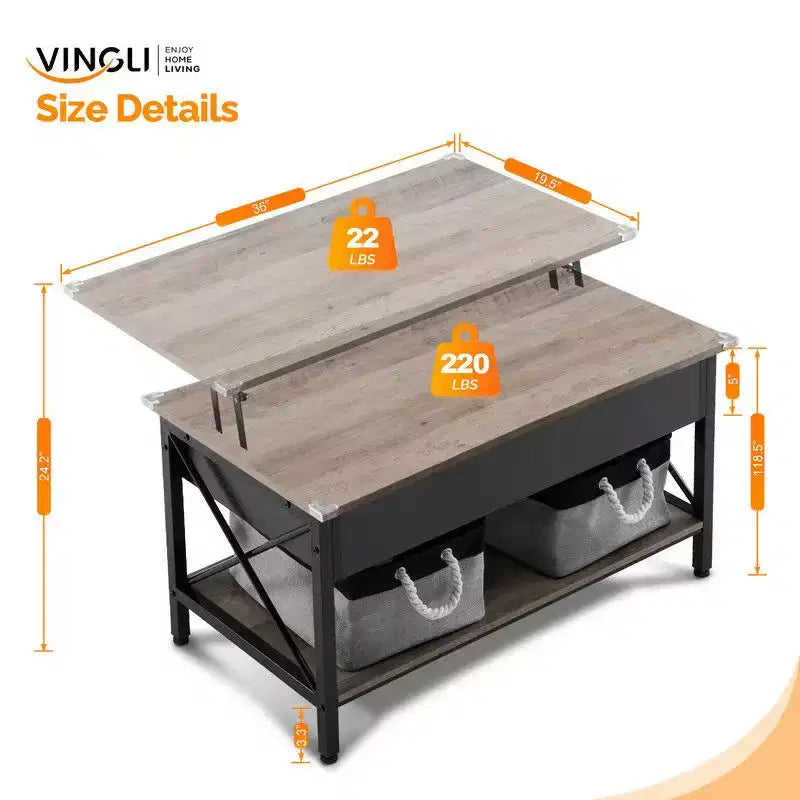 Table basse rectangulaire, gris délavé, avec barre transversale, structure latérale en métal noir en forme de X