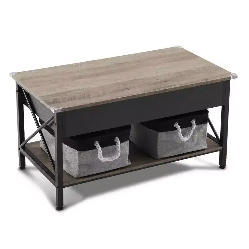 Table basse rectangulaire, gris délavé, avec barre transversale, structure latérale en métal noir en forme de X