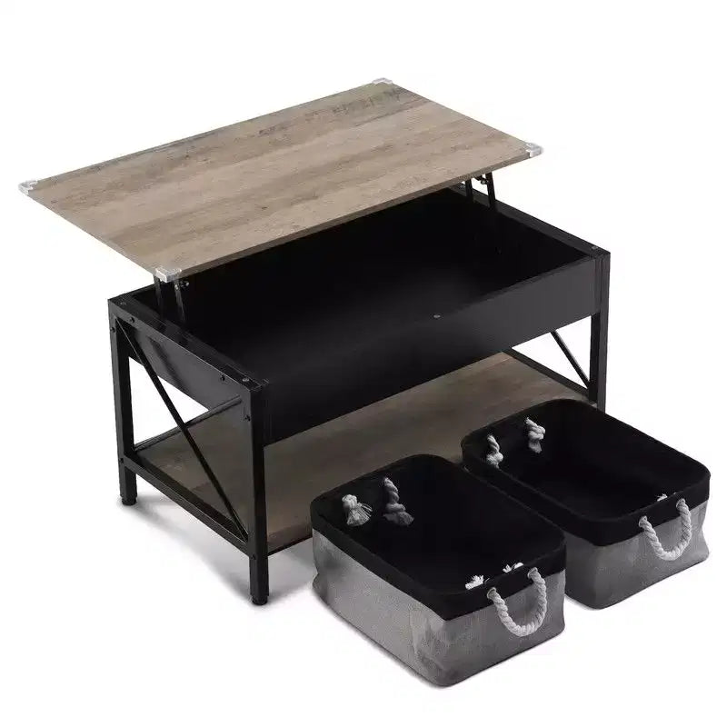 Table basse rectangulaire, gris délavé, avec barre transversale, structure latérale en métal noir en forme de X