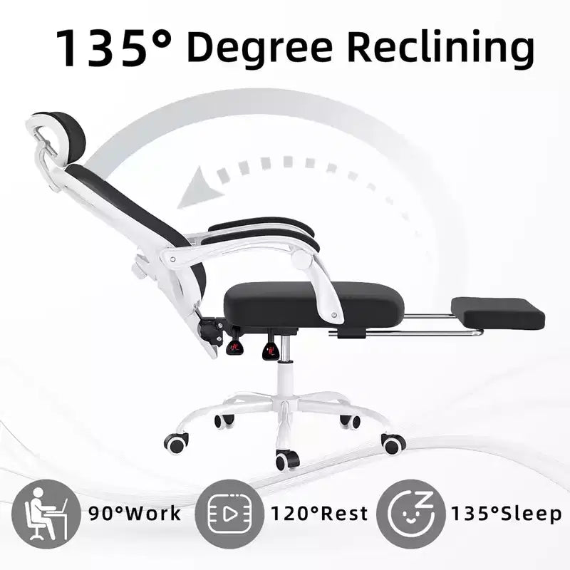 MAYEERTY Ergonomic Mesh Office Chair - With Headrest, Lumbar Support & Footrest for Home Office & Study (White)