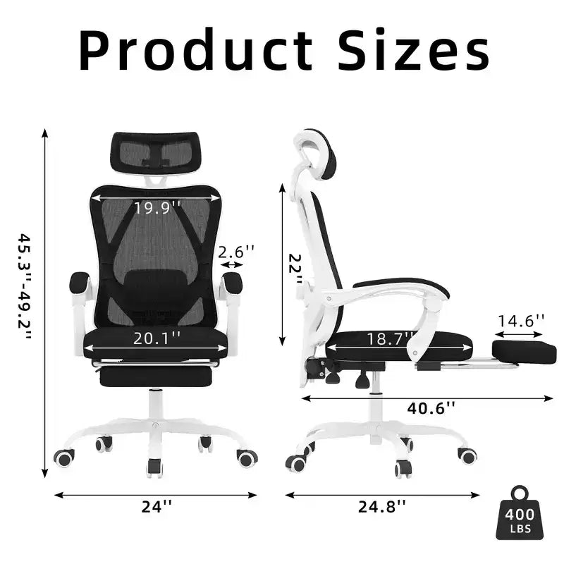 MAYEERTY Ergonomic Mesh Office Chair - With Headrest, Lumbar Support & Footrest for Home Office & Study (White)