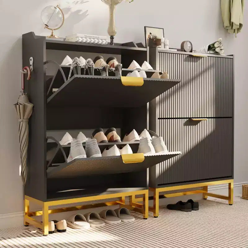 COZONY Wave Design Shoe Cabinet with 3 Flip Drawers & 2 Storage Drawers, Slim Fluted Shoe Organizer for Entryway