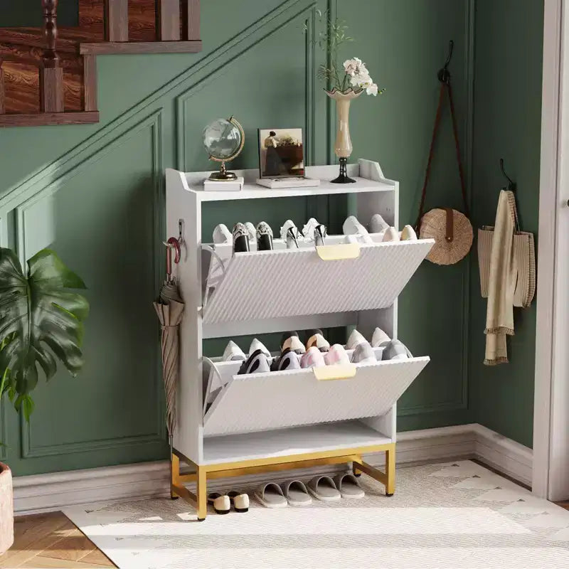 COZONY Wave Design Shoe Cabinet with 3 Flip Drawers & 2 Storage Drawers, Slim Fluted Shoe Organizer for Entryway