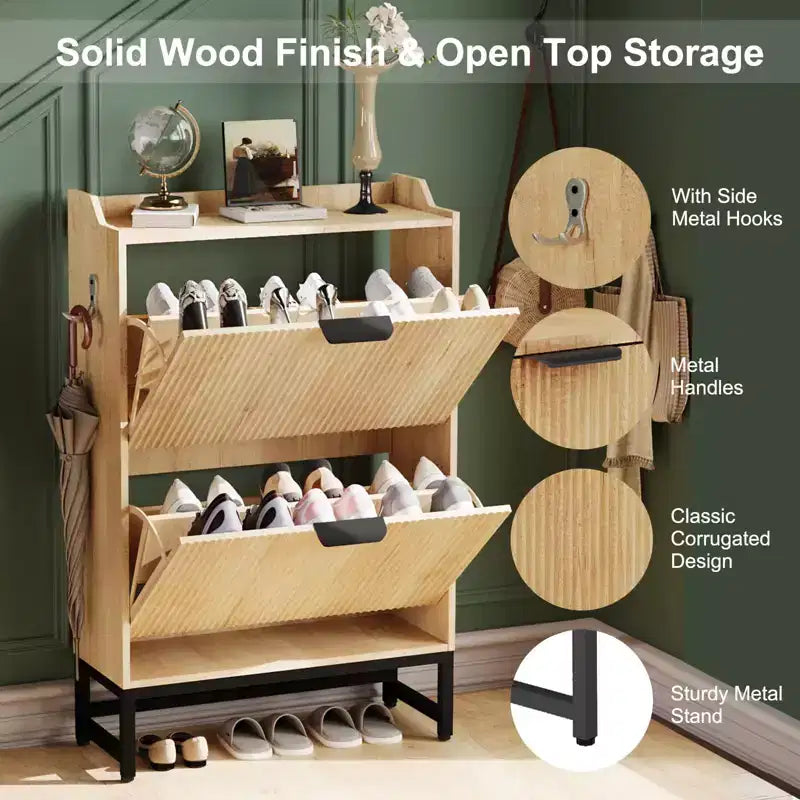 COZONY Wave Design Shoe Cabinet with 3 Flip Drawers & 2 Storage Drawers, Slim Fluted Shoe Organizer for Entryway