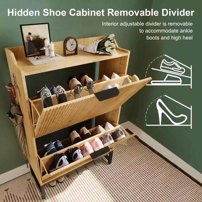 COZONY Wave Design Shoe Cabinet with 3 Flip Drawers & 2 Storage Drawers, Slim Fluted Shoe Organizer for Entryway