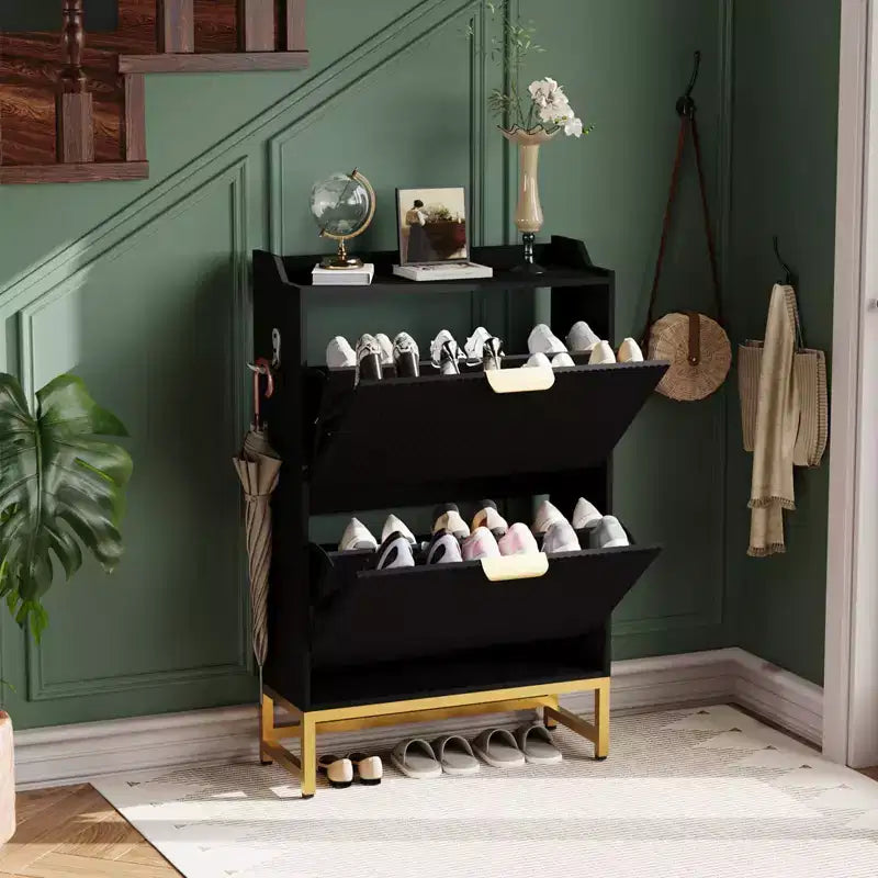 COZONY Wave Design Shoe Cabinet with 3 Flip Drawers & 2 Storage Drawers, Slim Fluted Shoe Organizer for Entryway