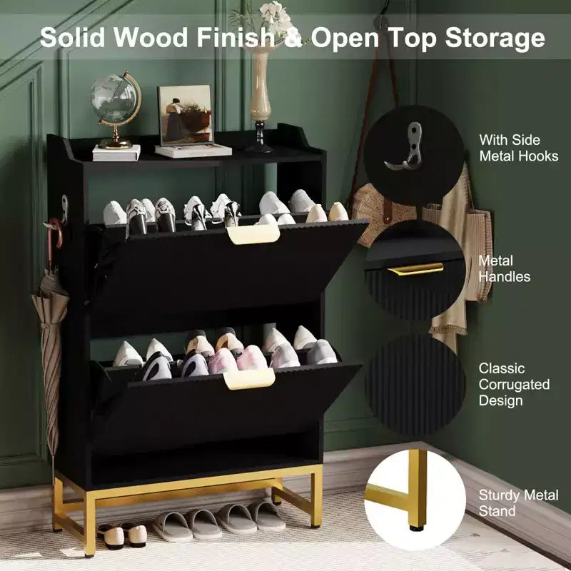 COZONY Wave Design Shoe Cabinet with 3 Flip Drawers & 2 Storage Drawers, Slim Fluted Shoe Organizer for Entryway