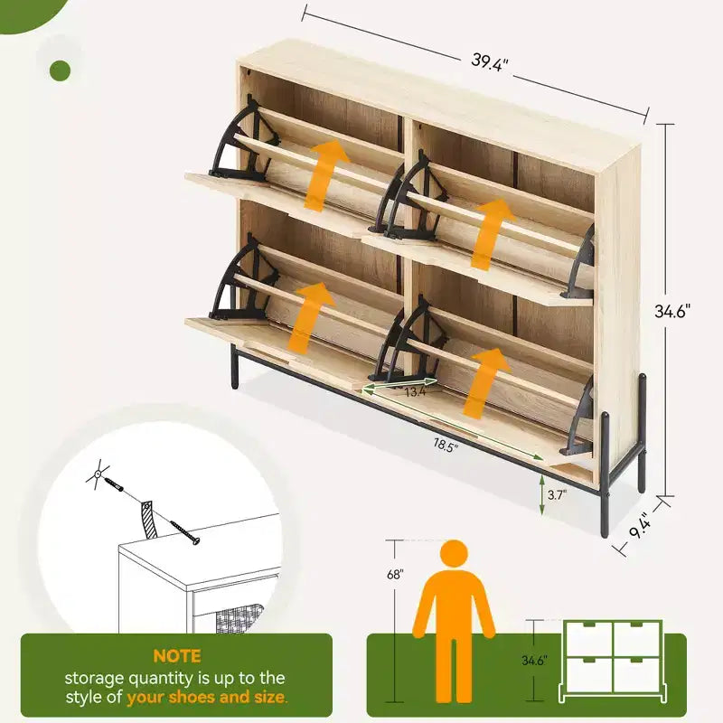 Natural Rattan Narrow Shoe Storage Organizer Cabinet with 4 Flip Drawers, Freestanding Shoe Rack with Metal Legs and Adjustable Shelf