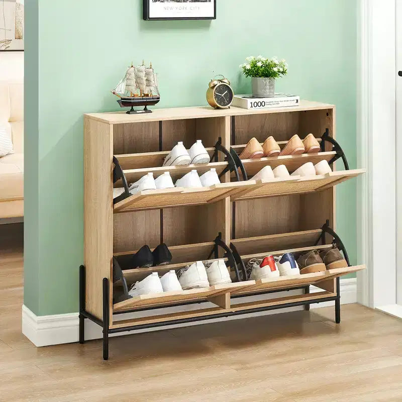 Natural Rattan Narrow Shoe Storage Organizer Cabinet with 4 Flip Drawers, Freestanding Shoe Rack with Metal Legs and Adjustable Shelf