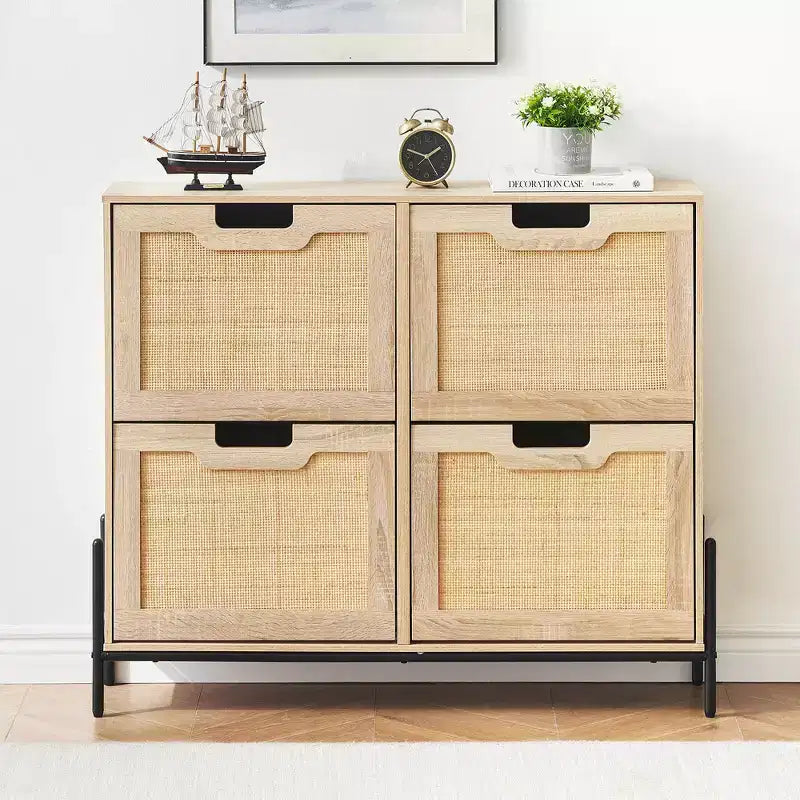 Natural Rattan Narrow Shoe Storage Organizer Cabinet with 4 Flip Drawers, Freestanding Shoe Rack with Metal Legs and Adjustable Shelf