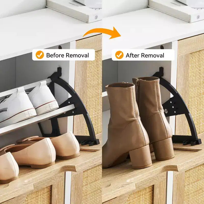 Natural Rattan Narrow Shoe Storage Organizer Cabinet with 4 Flip Drawers, Freestanding Shoe Rack with Metal Legs and Adjustable Shelf
