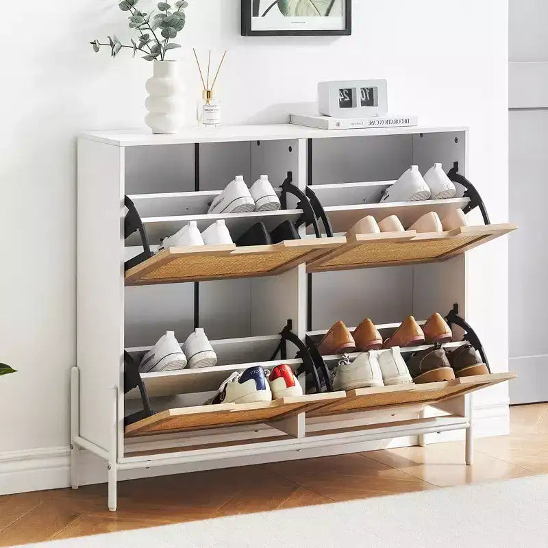 Natural Rattan Narrow Shoe Storage Organizer Cabinet with 4 Flip Drawers, Freestanding Shoe Rack with Metal Legs and Adjustable Shelf