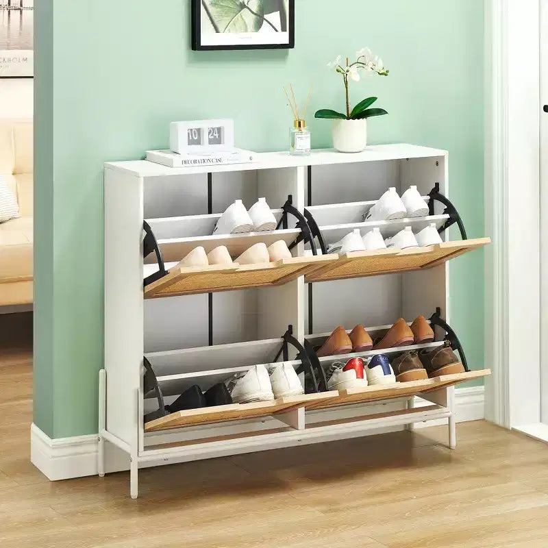 Natural Rattan Narrow Shoe Storage Organizer Cabinet with 4 Flip Drawers, Freestanding Shoe Rack with Metal Legs and Adjustable Shelf