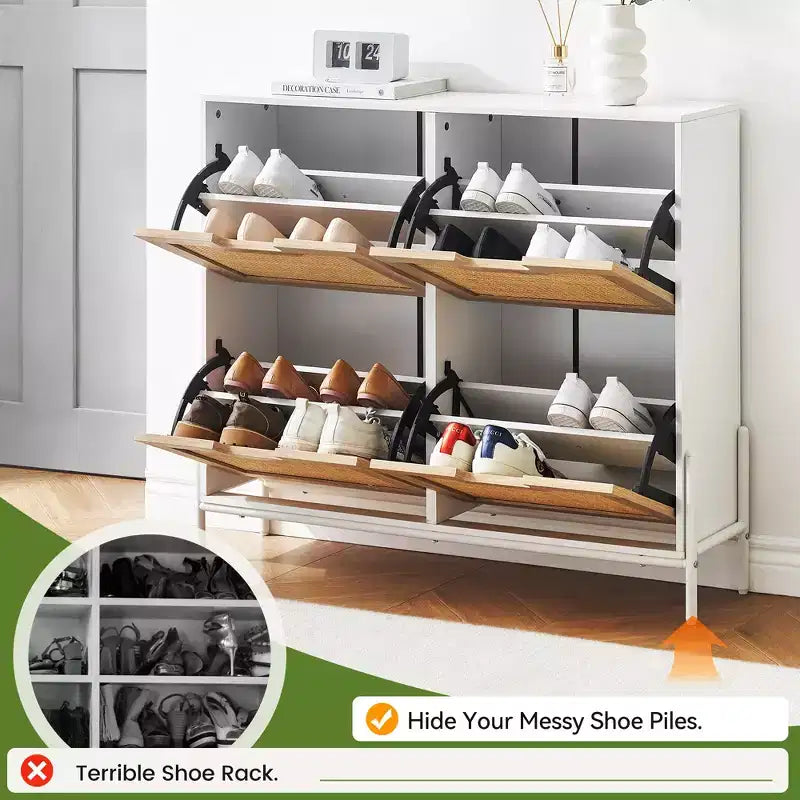 Natural Rattan Narrow Shoe Storage Organizer Cabinet with 4 Flip Drawers, Freestanding Shoe Rack with Metal Legs and Adjustable Shelf