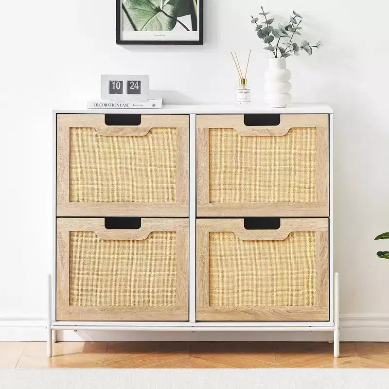 Natural Rattan Narrow Shoe Storage Organizer Cabinet with 4 Flip Drawers, Freestanding Shoe Rack with Metal Legs and Adjustable Shelf