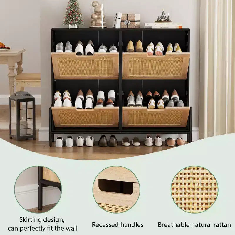 Natural Rattan Narrow Shoe Storage Organizer Cabinet with 4 Flip Drawers, Freestanding Shoe Rack with Metal Legs and Adjustable Shelf