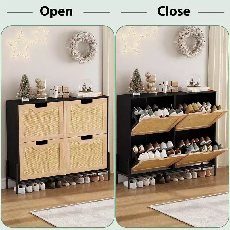 Natural Rattan Narrow Shoe Storage Organizer Cabinet with 4 Flip Drawers, Freestanding Shoe Rack with Metal Legs and Adjustable Shelf