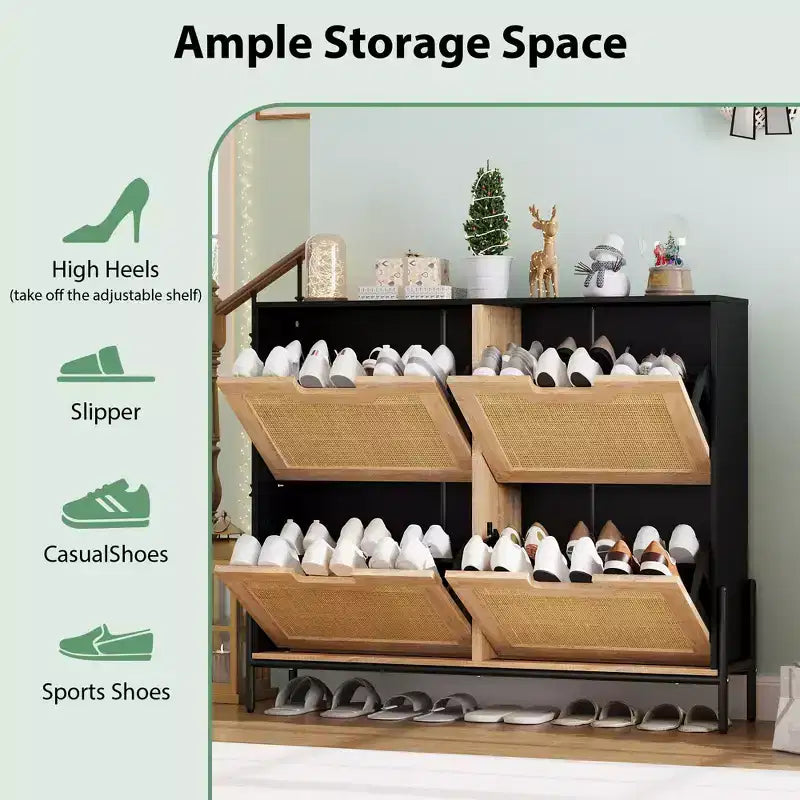 Natural Rattan Narrow Shoe Storage Organizer Cabinet with 4 Flip Drawers, Freestanding Shoe Rack with Metal Legs and Adjustable Shelf