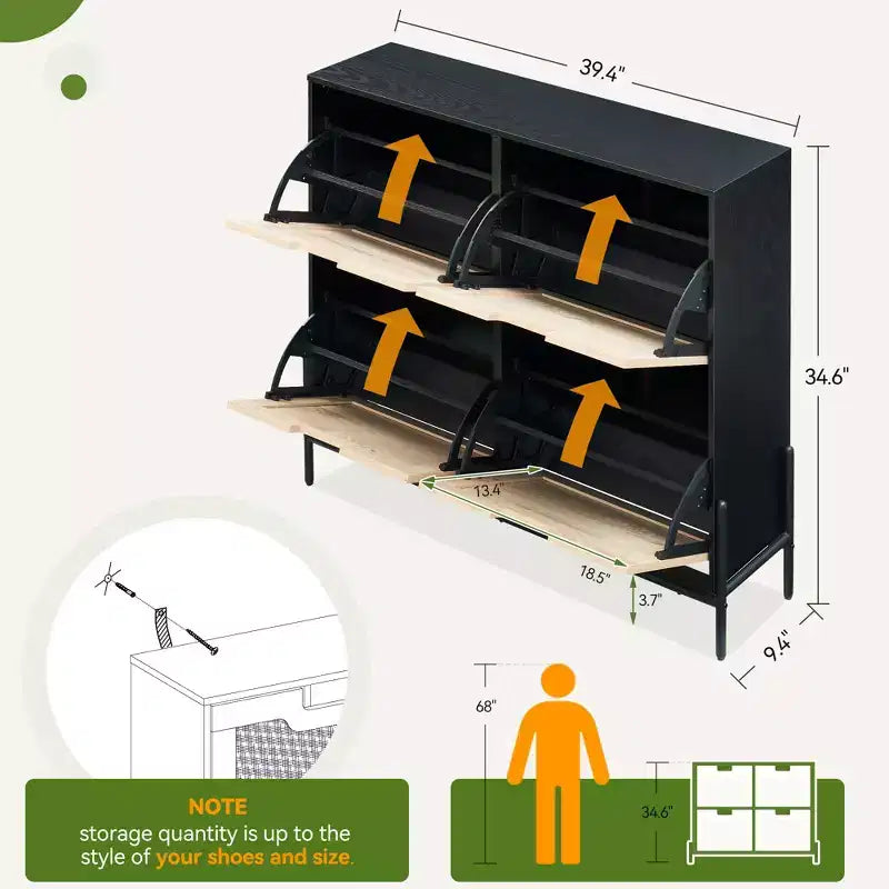 Natural Rattan Narrow Shoe Storage Organizer Cabinet with 4 Flip Drawers, Freestanding Shoe Rack with Metal Legs and Adjustable Shelf
