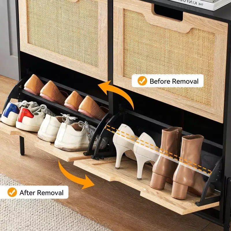 Natural Rattan Narrow Shoe Storage Organizer Cabinet with 4 Flip Drawers, Freestanding Shoe Rack with Metal Legs and Adjustable Shelf