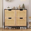 Natural Rattan Narrow Shoe Storage Organizer Cabinet with 4 Flip Drawers, Freestanding Shoe Rack with Metal Legs and Adjustable Shelf