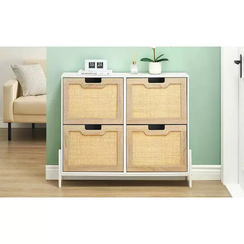 Natural Rattan Narrow Shoe Storage Organizer Cabinet with 4 Flip Drawers, Freestanding Shoe Rack with Metal Legs and Adjustable Shelf