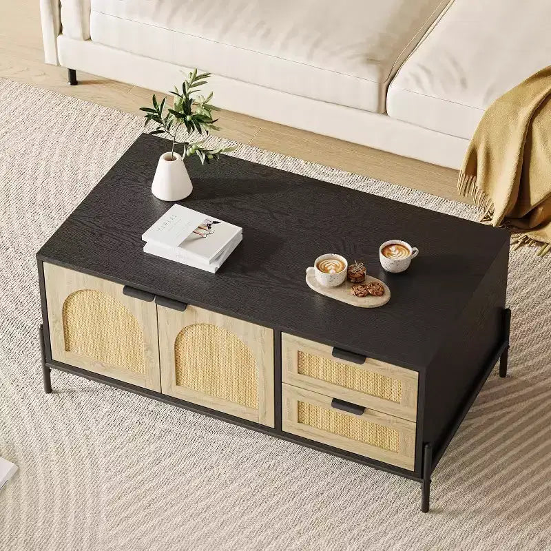 Black & Oak Rattan Coffee Table with Storage, Mid-Century Modern Living Room Table