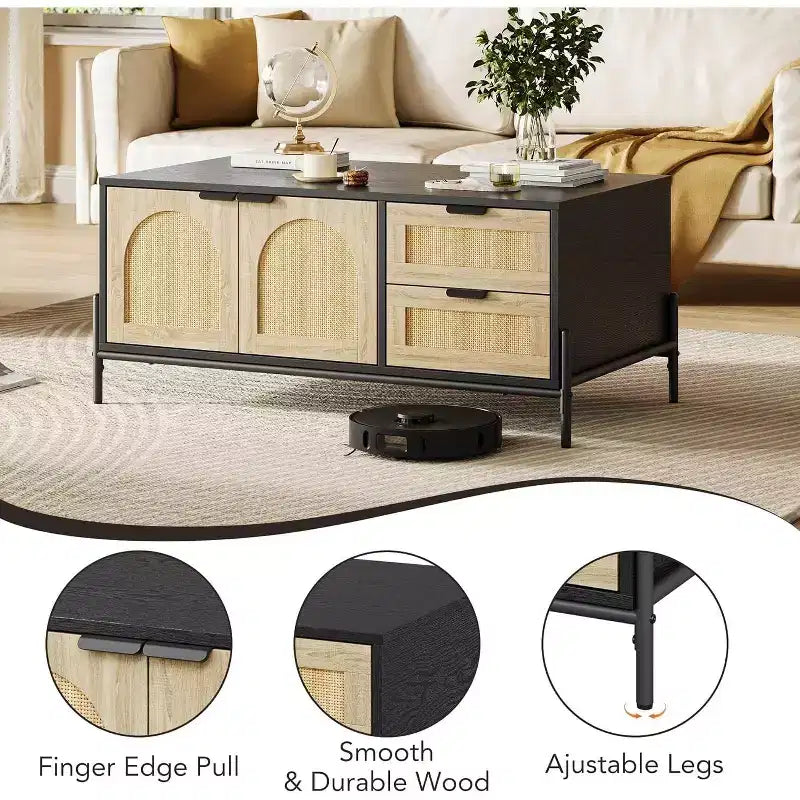 Black & Oak Rattan Coffee Table with Storage, Mid-Century Modern Living Room Table
