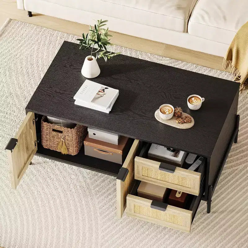 Black & Oak Rattan Coffee Table with Storage, Mid-Century Modern Living Room Table