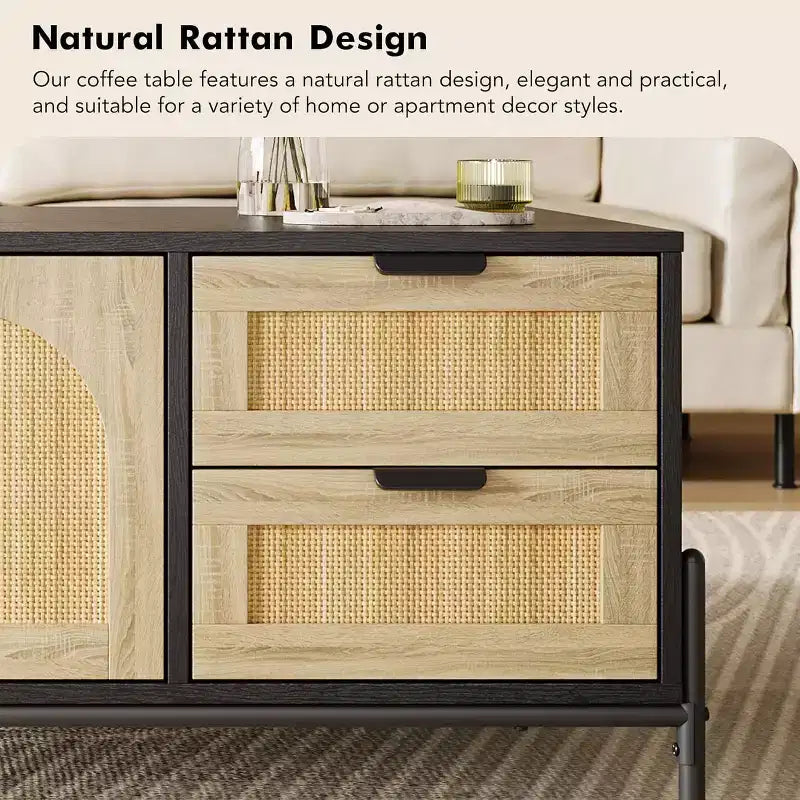 Black & Oak Rattan Coffee Table with Storage, Mid-Century Modern Living Room Table