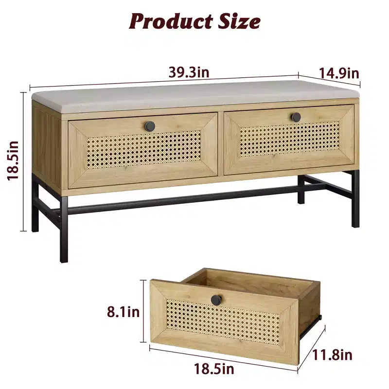 Rattan Shoe Bench with Storage Drawer, Wooden Entryway Bench with Linen Seat Cushion for Hallway and Bedroom