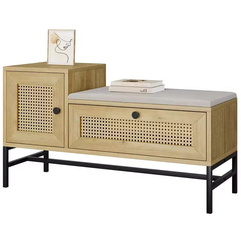 Rattan Shoe Bench with Storage Drawer, Wooden Entryway Bench with Linen Seat Cushion for Hallway and Bedroom