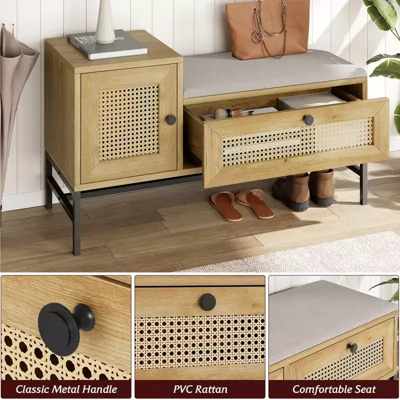 Rattan Shoe Bench with Storage Drawer, Wooden Entryway Bench with Linen Seat Cushion for Hallway and Bedroom