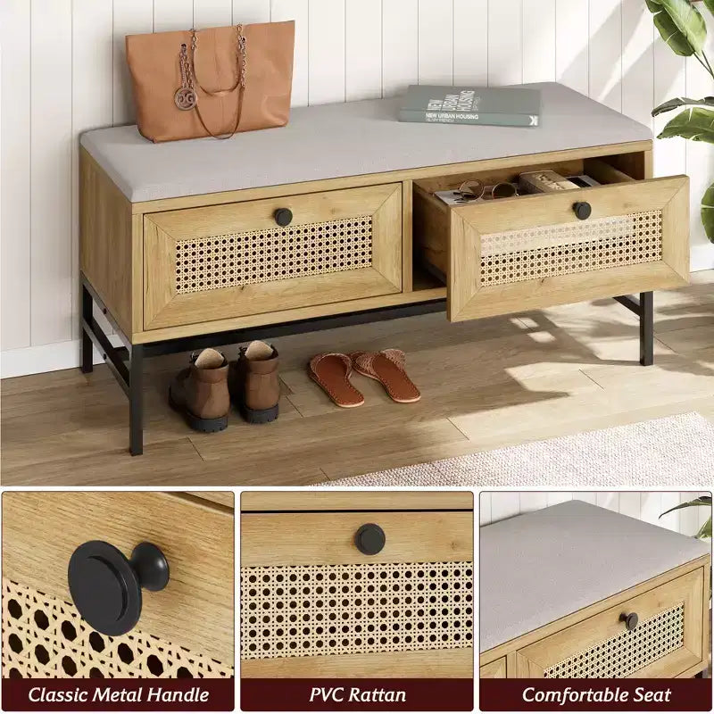 Rattan Shoe Bench with Storage Drawer, Wooden Entryway Bench with Linen Seat Cushion for Hallway and Bedroom