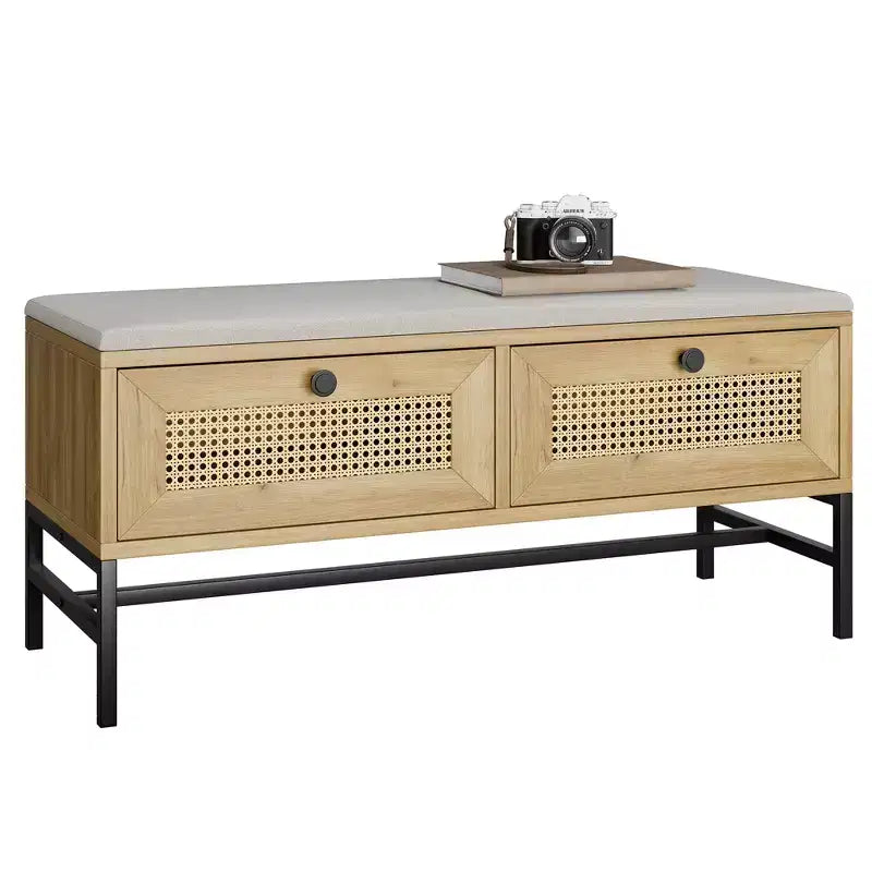 Rattan Shoe Bench with Storage Drawer, Wooden Entryway Bench with Linen Seat Cushion for Hallway and Bedroom