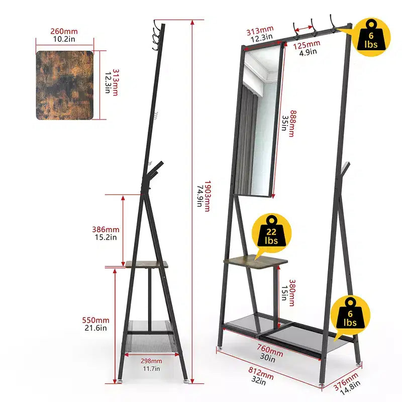 Coat Rack With Mirror, Multi-functional Hall Tree With Shoe Storage, Industrial Accent Furniture With Aluminum Frame For Living Room Bedroom