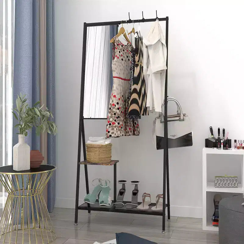 Coat Rack With Mirror, Multi-functional Hall Tree With Shoe Storage, Industrial Accent Furniture With Aluminum Frame For Living Room Bedroom