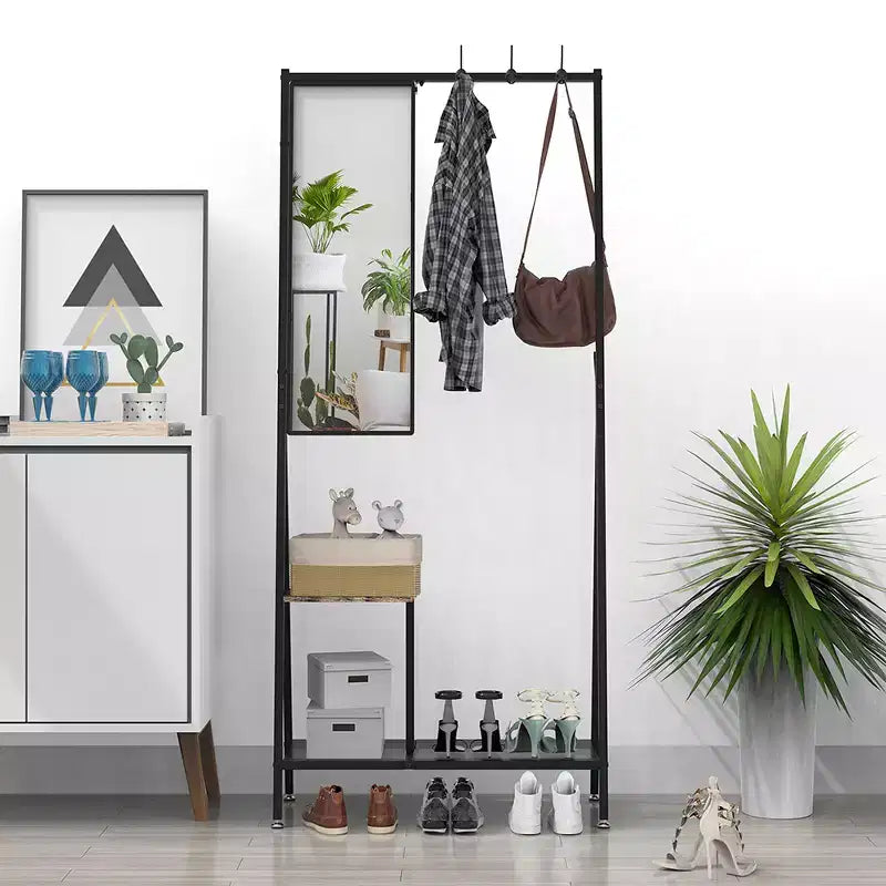 Coat Rack With Mirror, Multi-functional Hall Tree With Shoe Storage, Industrial Accent Furniture With Aluminum Frame For Living Room Bedroom