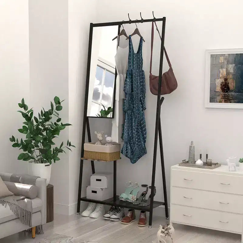 Coat Rack With Mirror, Multi-functional Hall Tree With Shoe Storage, Industrial Accent Furniture With Aluminum Frame For Living Room Bedroom
