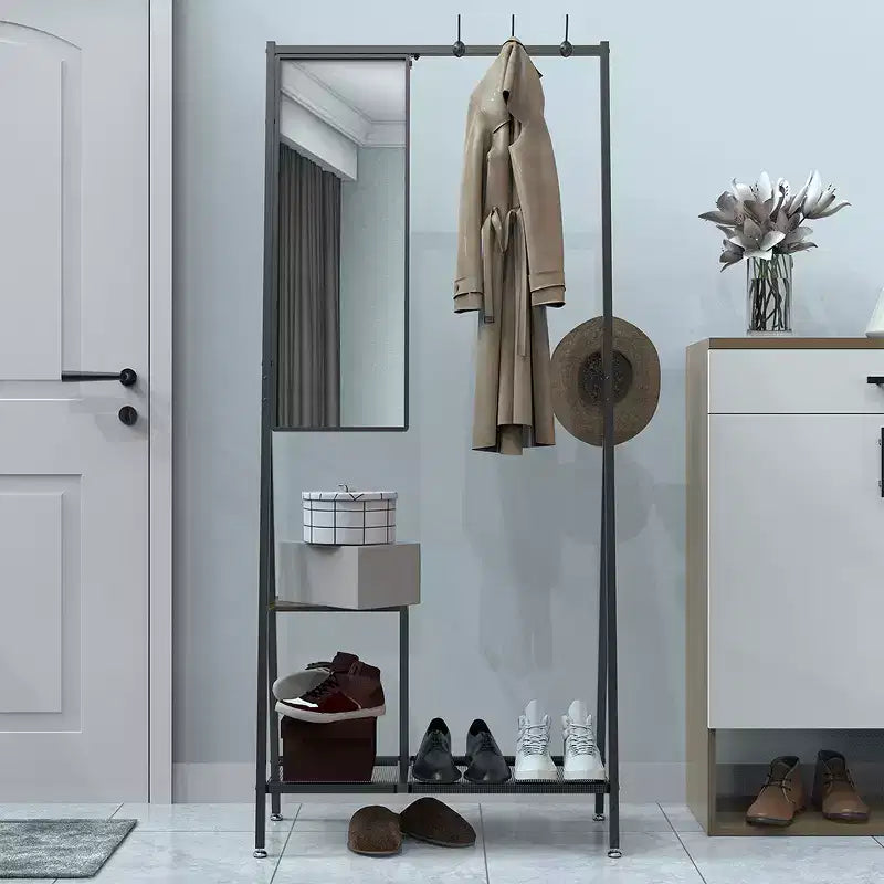Coat Rack With Mirror, Multi-functional Hall Tree With Shoe Storage, Industrial Accent Furniture With Aluminum Frame For Living Room Bedroom