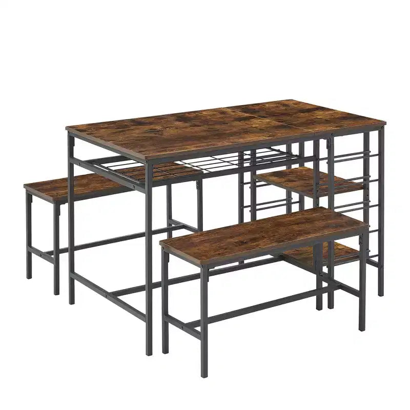 Ensemble de table à manger pour 4, table de cuisine avec 2 bancs, casier à vin et étagère de rangement, ensemble de table à manger rectangulaire, pour petits espaces, appartement, coin repas
