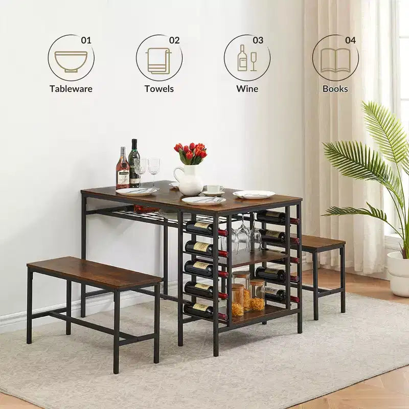 Ensemble de table à manger pour 4, table de cuisine avec 2 bancs, casier à vin et étagère de rangement, ensemble de table à manger rectangulaire, pour petits espaces, appartement, coin repas