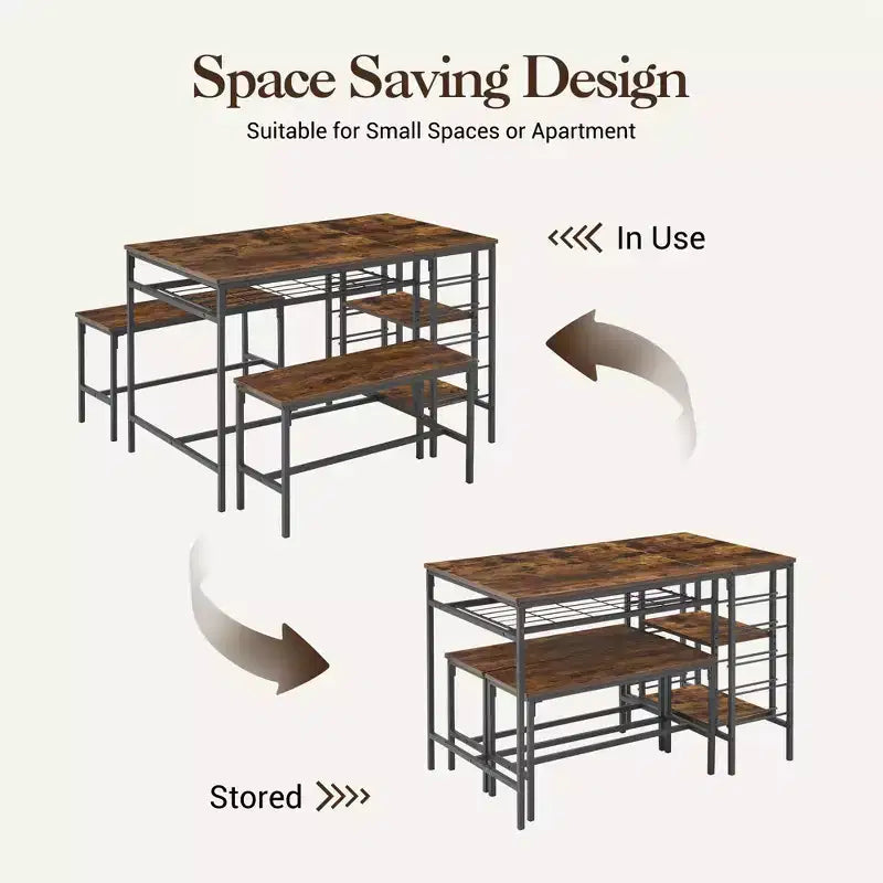 Ensemble de table à manger pour 4, table de cuisine avec 2 bancs, casier à vin et étagère de rangement, ensemble de table à manger rectangulaire, pour petits espaces, appartement, coin repas