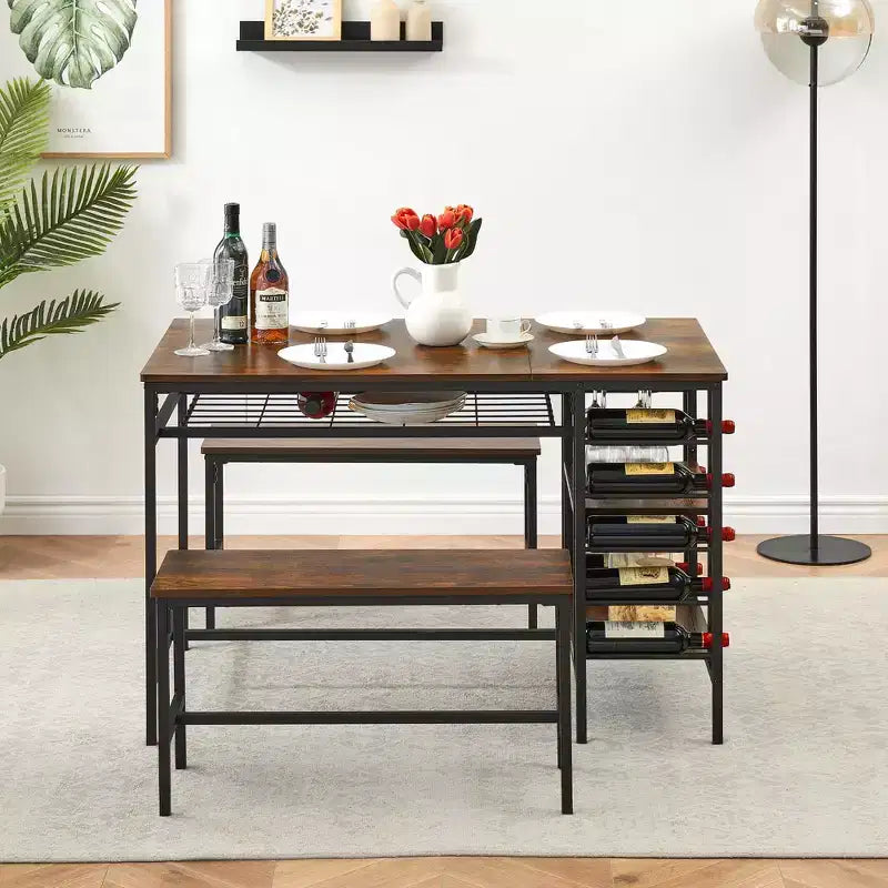 Ensemble de table à manger pour 4, table de cuisine avec 2 bancs, casier à vin et étagère de rangement, ensemble de table à manger rectangulaire, pour petits espaces, appartement, coin repas