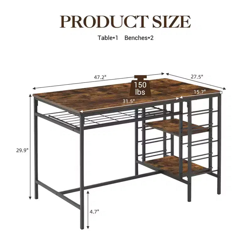 Ensemble de table à manger pour 4, table de cuisine avec 2 bancs, casier à vin et étagère de rangement, ensemble de table à manger rectangulaire, pour petits espaces, appartement, coin repas